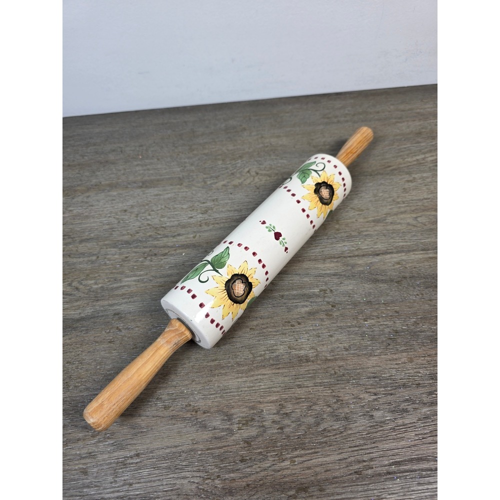 Vintage ABC Distributing Ceramic Rolling Pin Sunflower Heart Country Farmhouse